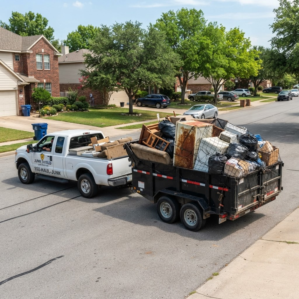 A dump trailer filled with household junk, furniture, and garbage bags being hauled away