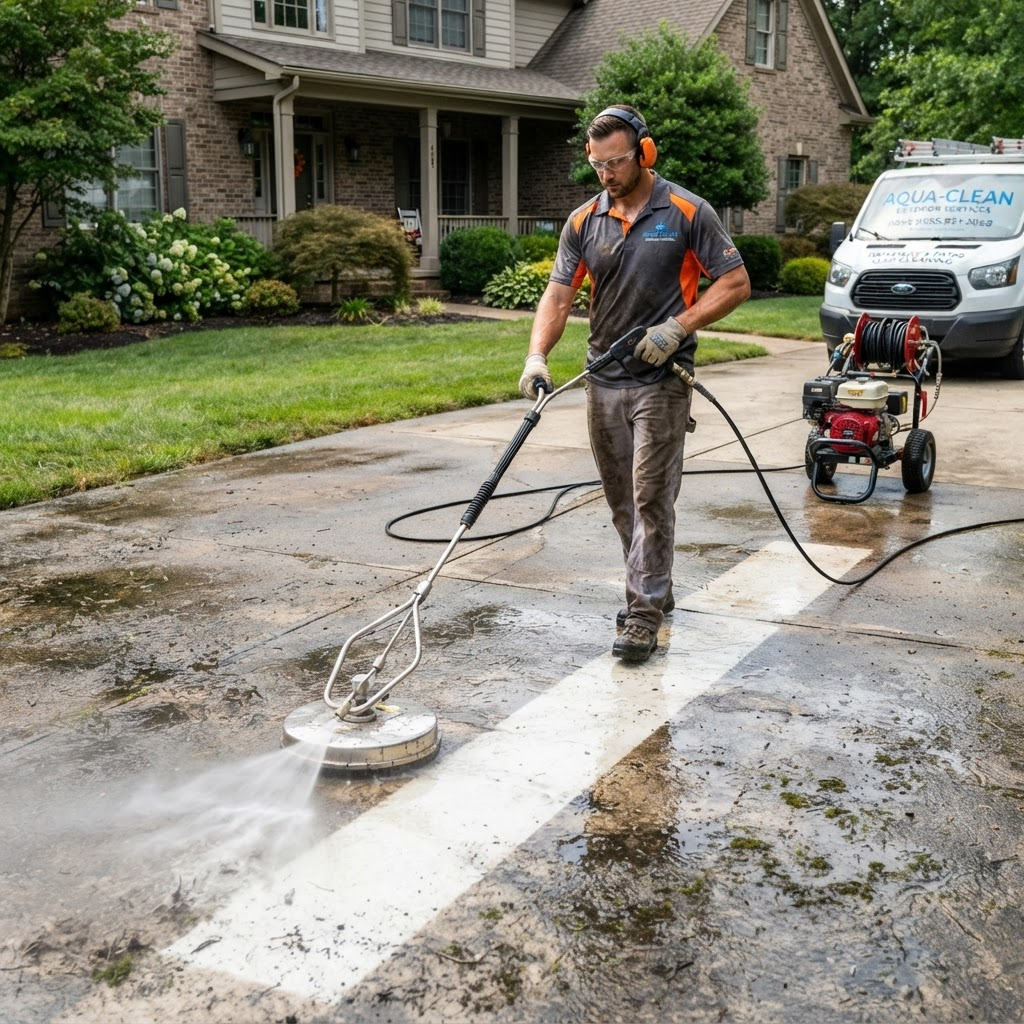 Professional pressure washing a concrete driveway, revealing a clean stripe through dirty concrete