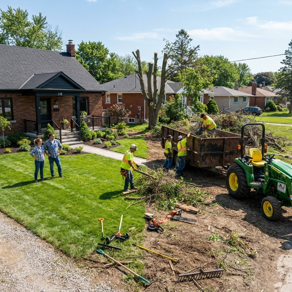 A cleaned up residential yard with storm debris cleared by a tractor and trailer